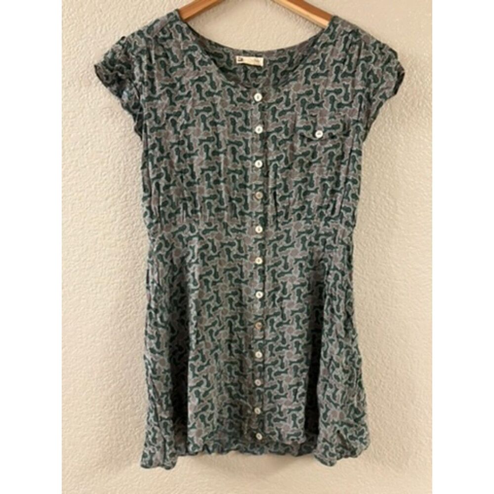 Cotton Candy Button Down‎ Short Sleeved Dress Green Gray Horse & Carriage Large